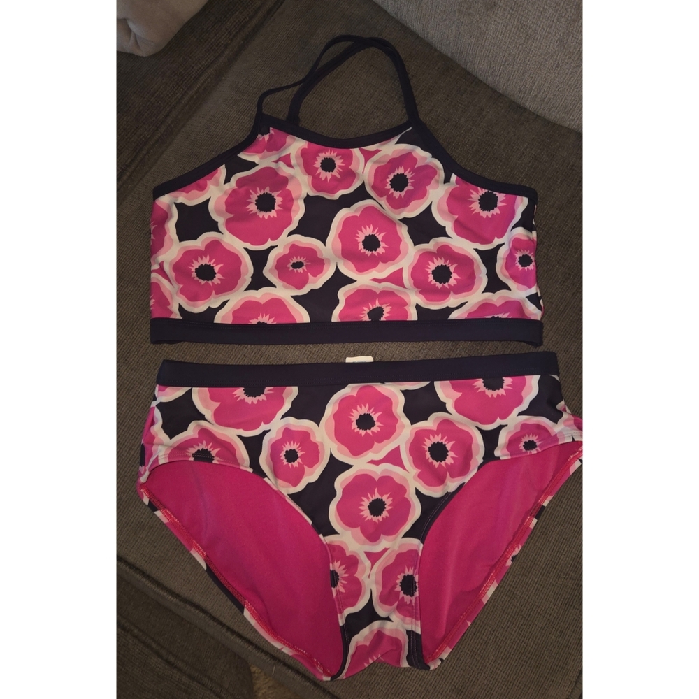 Girls XL Floral Bikini Set with Pink and Navy Blue Design